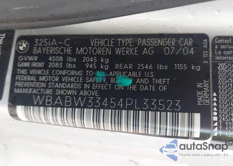 2004 BMW 325Ci from USA, damaged, VIN WBABW33454PL33523